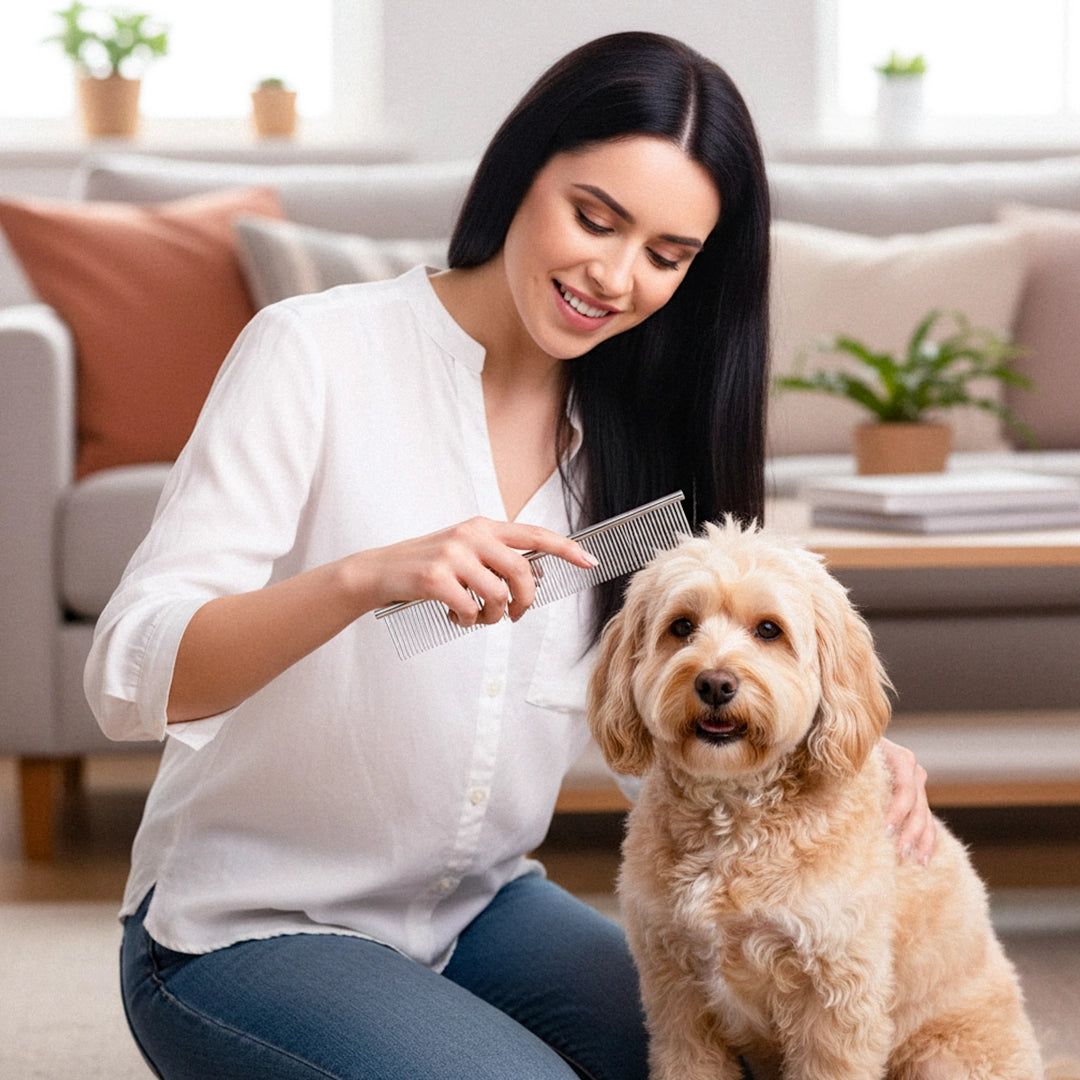 Woman combing a dog in a living room