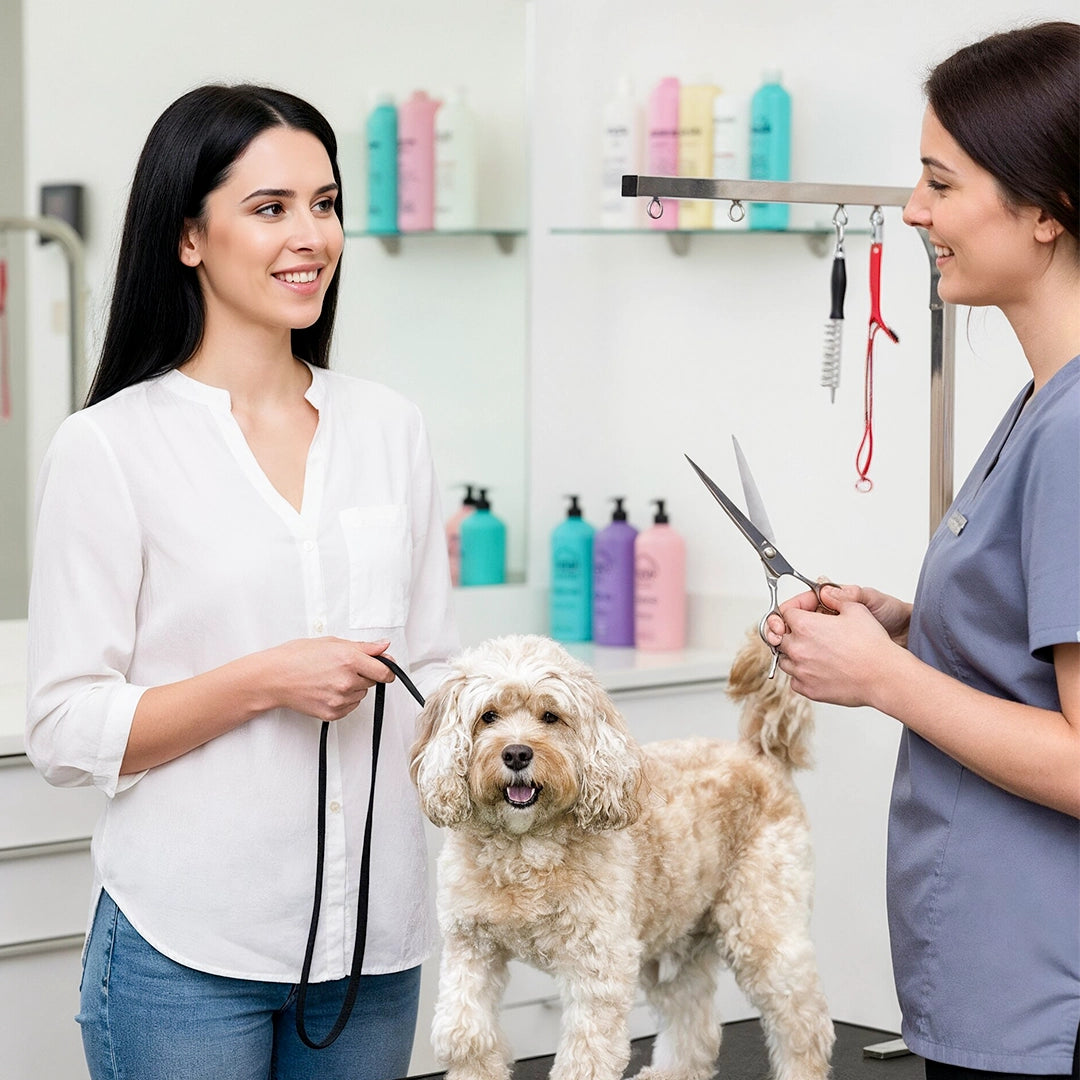 Woman with a dog interacting with a groomer in a pet grooming salon.