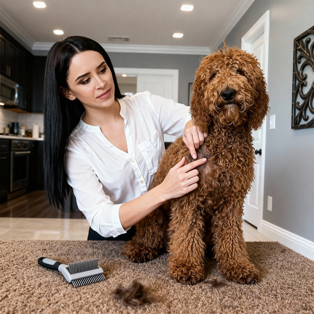 Woman petting a brown dog in a home setting with grooming tools on the floor.