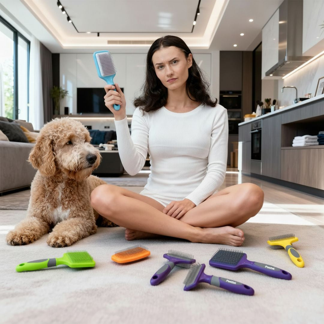 Woman sitting on the floor with a dog and pet grooming tools in a modern living room.