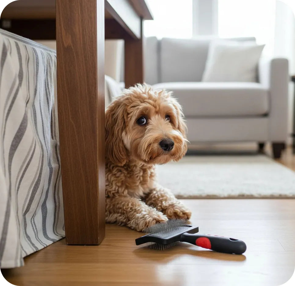 Dog with grooming brush on wooden floor in living room