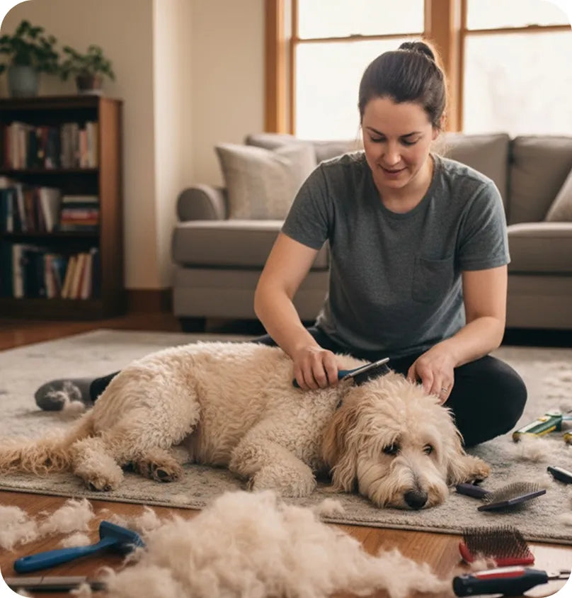 Woman grooming a dog in a living room with grooming tools and shedded fur.
