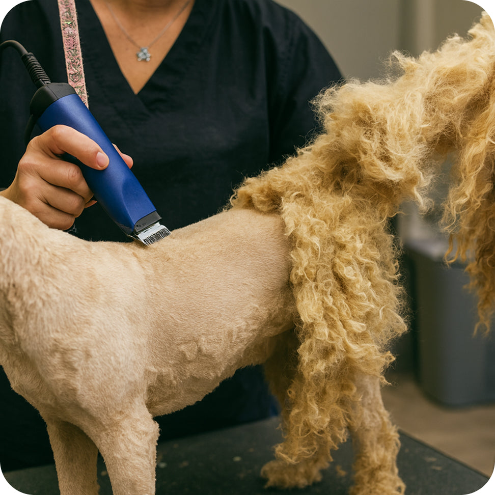 Person grooming a dog with a blue grooming tool